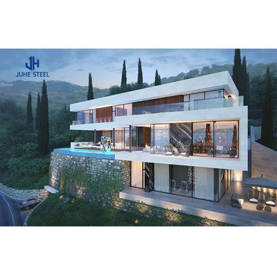ประตูเลื่อน Prefab Steel Frame Structure House Kits วิลล่าพร้อมหน้าต่างสแตนเลสอลูมิเนียม