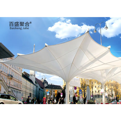 0.065mm ผ้าเต็นท์ร่มโครงสร้างร่มแดด PVDF PTFE ที่จอดรถ โครงสร้างผนังความดัน
